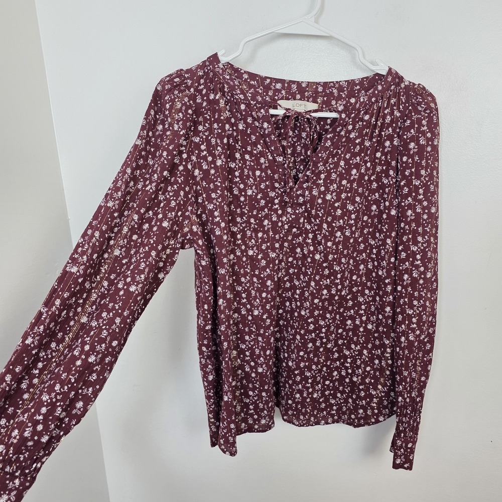 Loft Maroon White Ditzy Floral Feminine Dainty Cottagecore‎ Blouse Size Medium